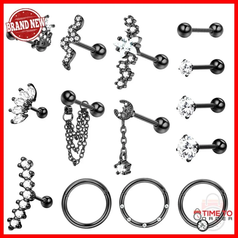 16G Surgical Steel Cartilage Earrings Set, 14 Pcs Hypoallergenic Piercing